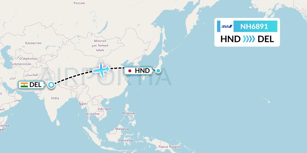 NH6891 All Nippon Airways Flight Map: Tokyo to Delhi