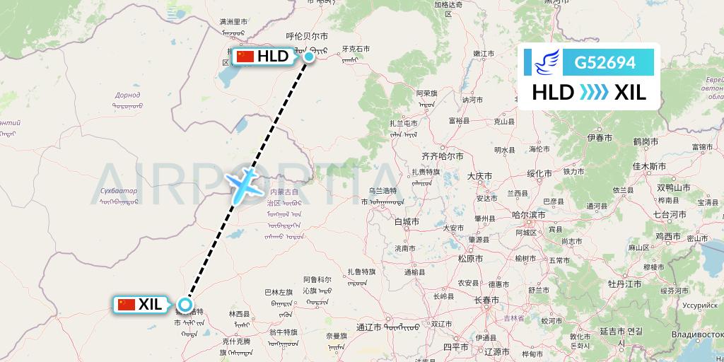G52694 China Express Airlines Flight Map: Hailar to Xilinhot
