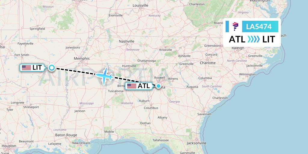 LA5474 LAN Airlines Flight Map: Atlanta to Little Rock