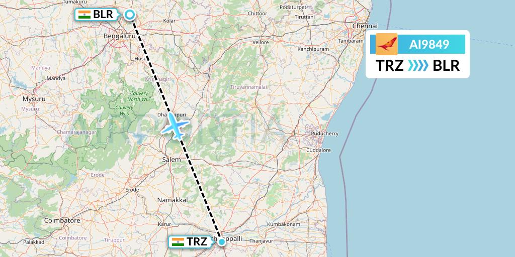 AI9849 Air India Flight Map: Tiruchirapalli to Bangalore