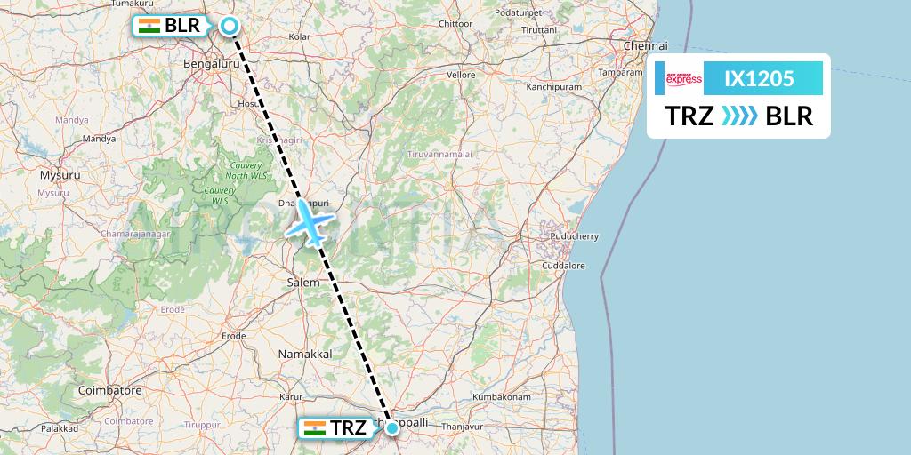 IX1205 Air India Express Flight Map: Tiruchirapalli to Bangalore