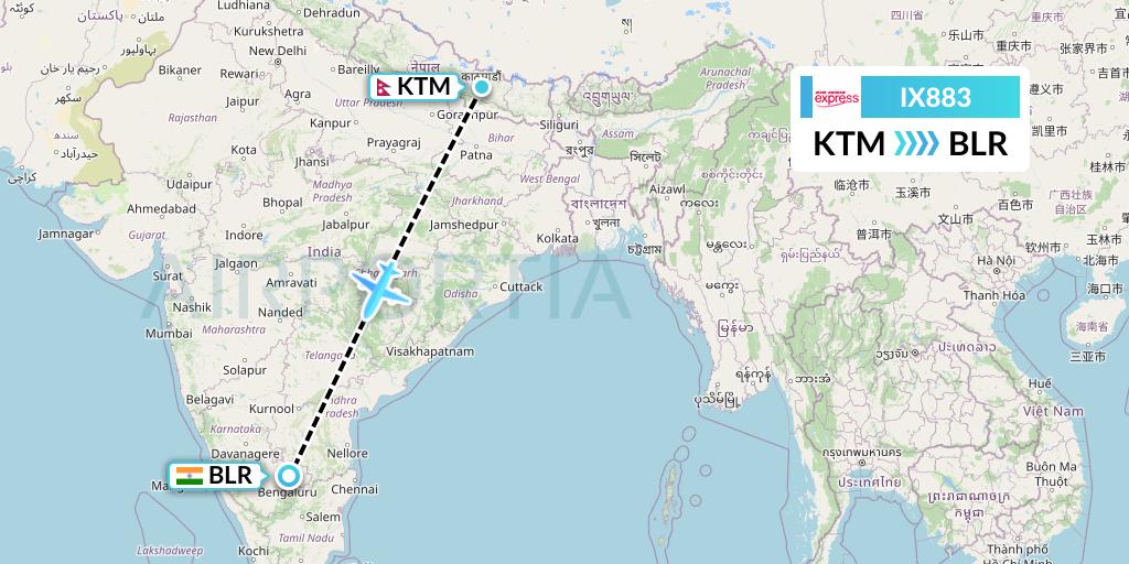IX883 Air India Express Flight Map: Kathmandu to Bangalore