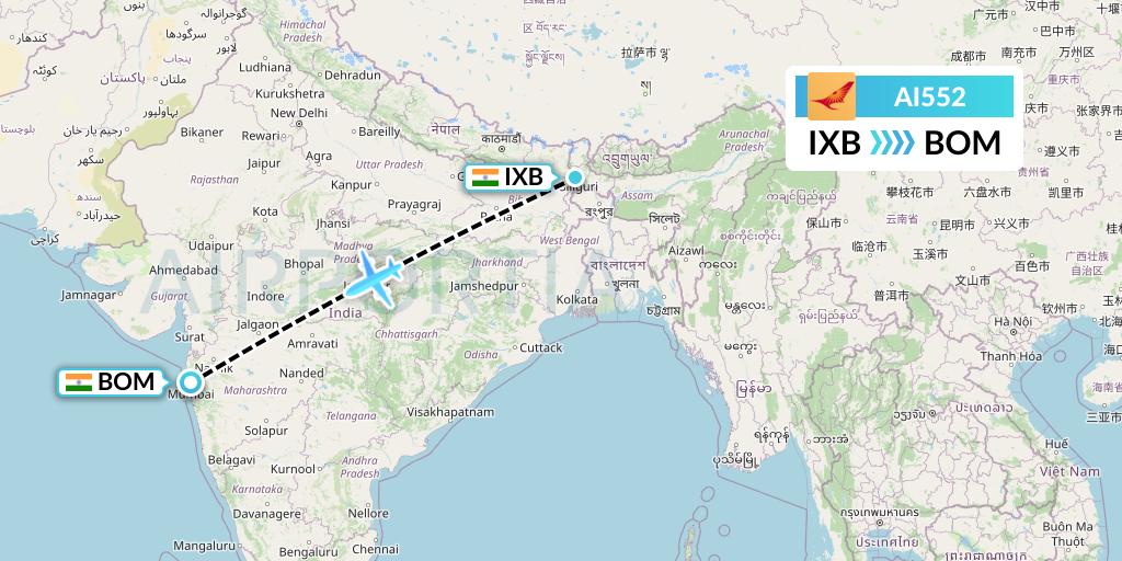 AI552 Air India Flight Map: Siliguri to Mumbai
