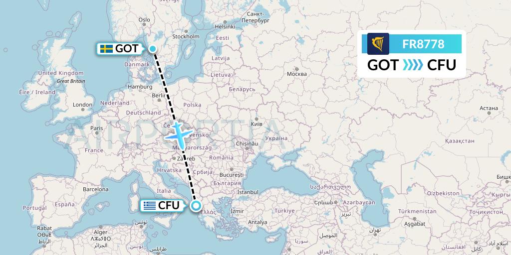 FR8778 Ryanair Flight Map: Gothenburg to Corfu