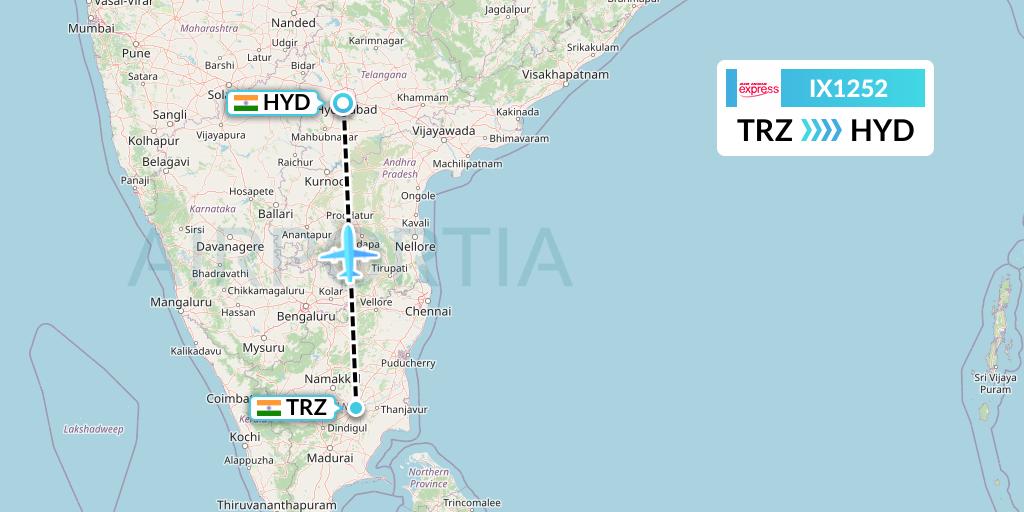 IX1252 Air India Express Flight Map: Tiruchirapalli to Hyderabad
