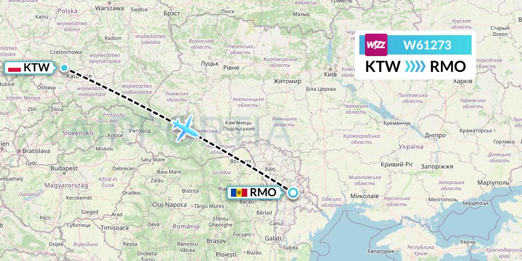 W61273 Wizz Air Flight Map: Katowice to Chisinau