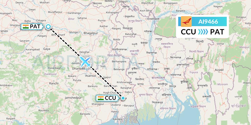 AI9466 Air India Flight Map: Kolkata to Patna