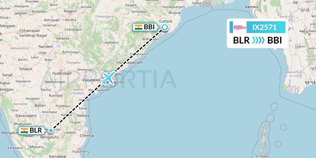 IX2571 Air India Express Flight Map: Bangalore to Bhubaneswar