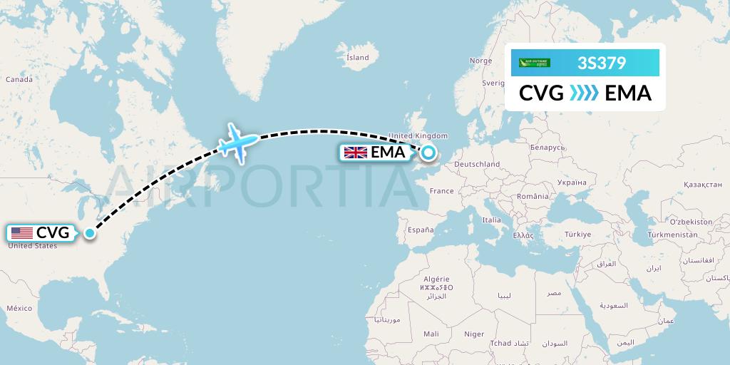 3S379 Air Antilles Express Flight Map: Cincinnati to East Midlands