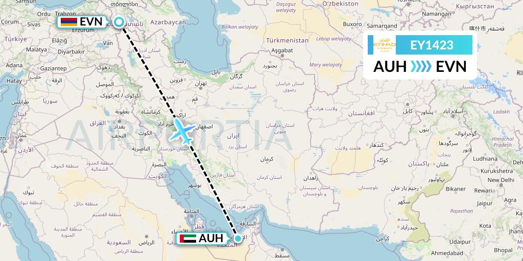EY1423 Etihad Airways Flight Map: Abu Dhabi to Yerevan