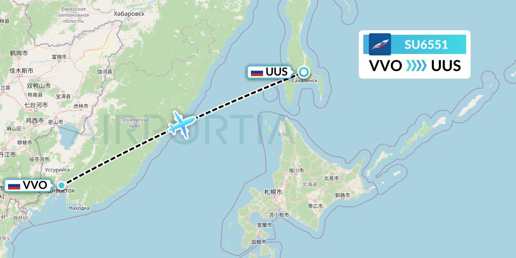 SU6551 Aeroflot Flight Map: Vladivostok to Yuzhno-Sakhalinsk