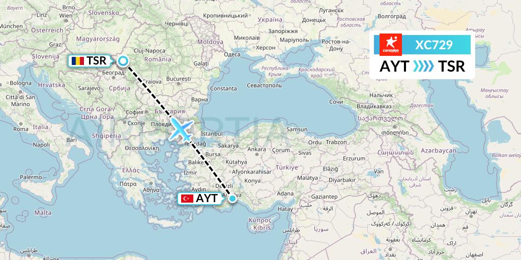 XC729 Corendon Airlines Flight Map: Antalya to Timisoara