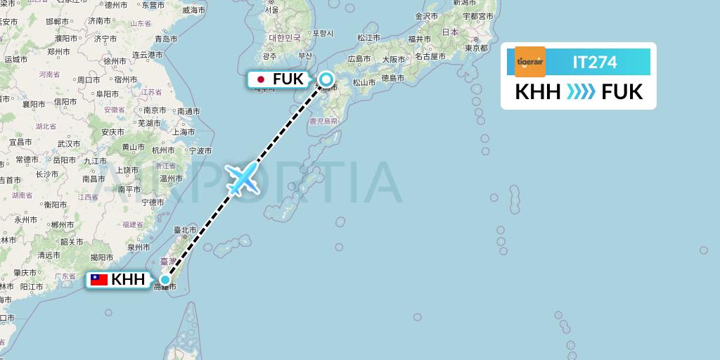 IT274 Tigerair Taiwan Flight Map: Kaohsiung to Fukuoka