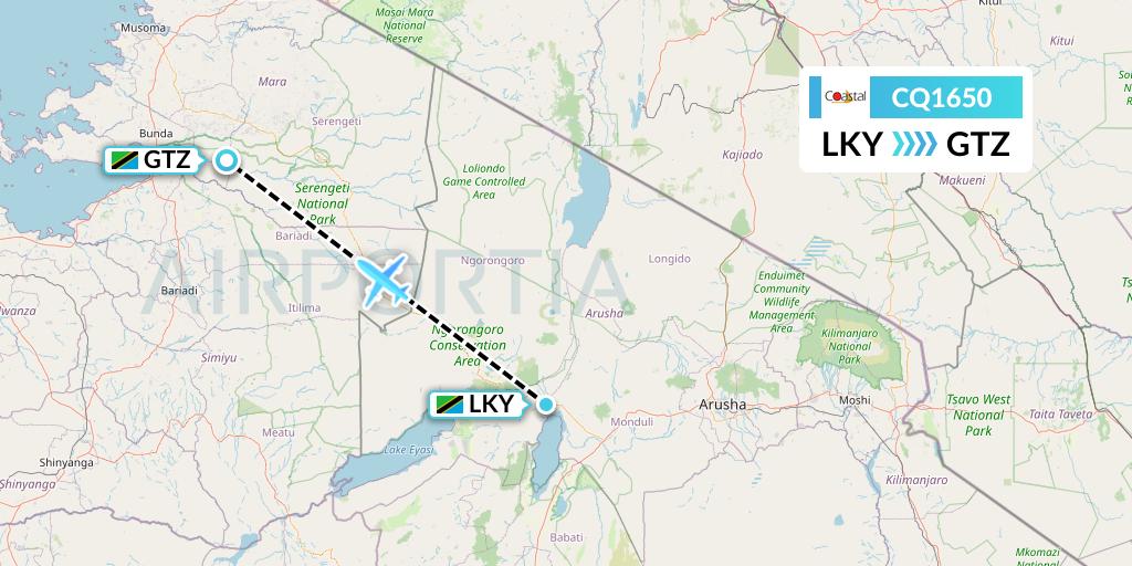 CQ1650 Coastal Aviation Flight Map: Lake Manyara National Park to Bunda