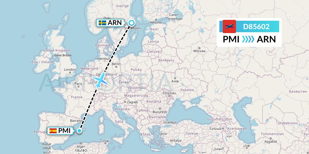 D85602 Norwegian Air International Flight Map: Palma de Mallorca to Stockholm
