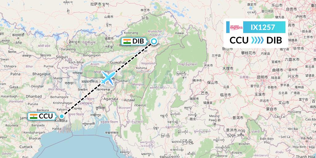 IX1257 Air India Express Flight Map: Kolkata to Dibrugarh