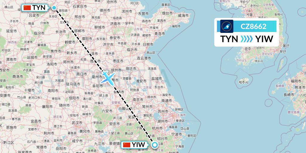 CZ8662 China Southern Airlines Flight Map: Taiyuan to Yiwu