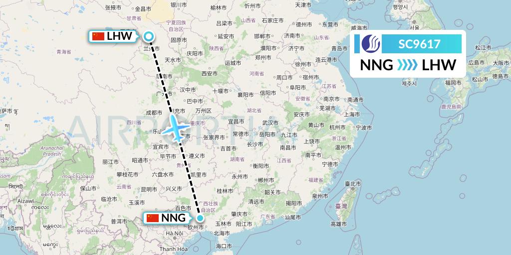 SC9617 Shandong Airlines Flight Map: Nanning to Lanzhou