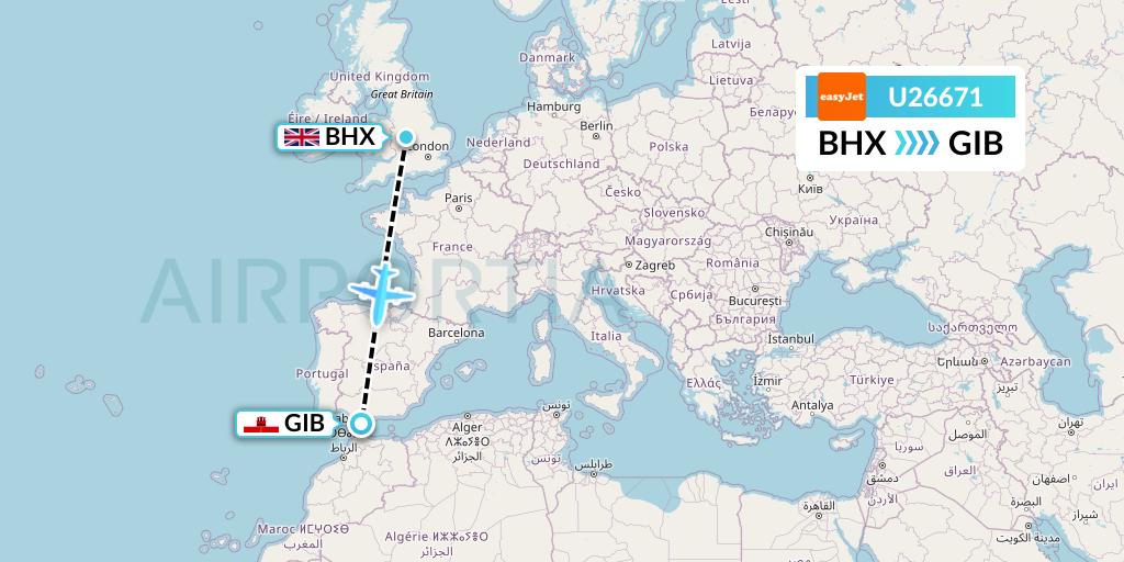 U26671 EasyJet Flight Map: Birmingham to Gibraltar