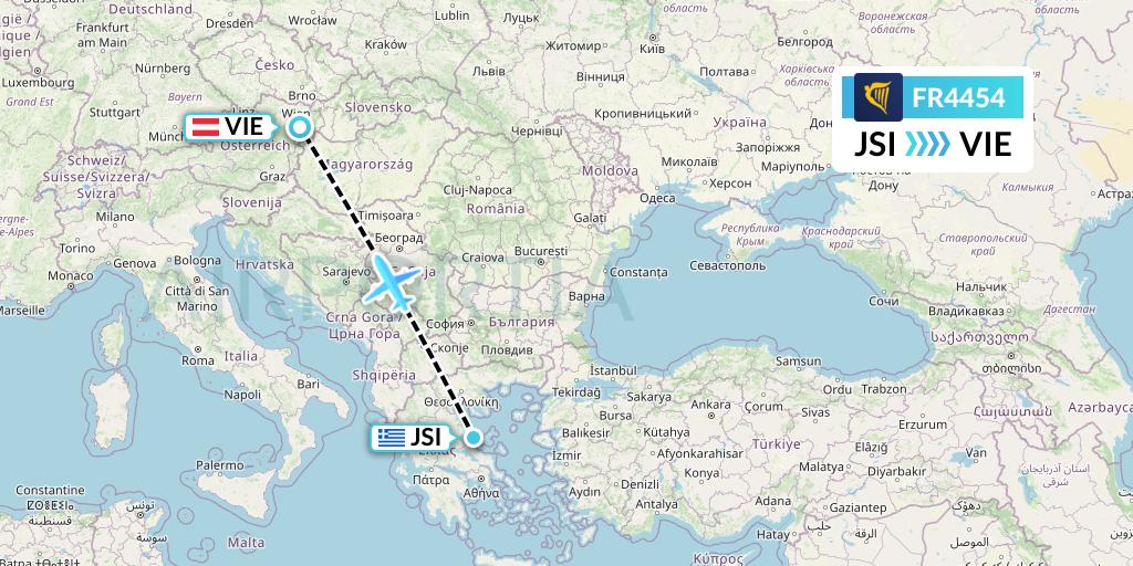 FR4454 Ryanair Flight Map: Skiathos to Vienna