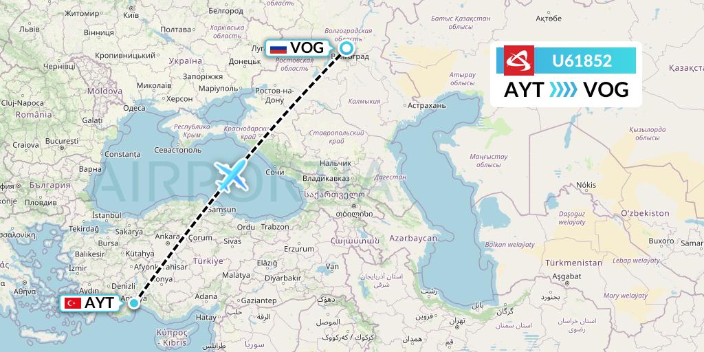 U61852 Ural Airlines Flight Map: Antalya to Volgograd