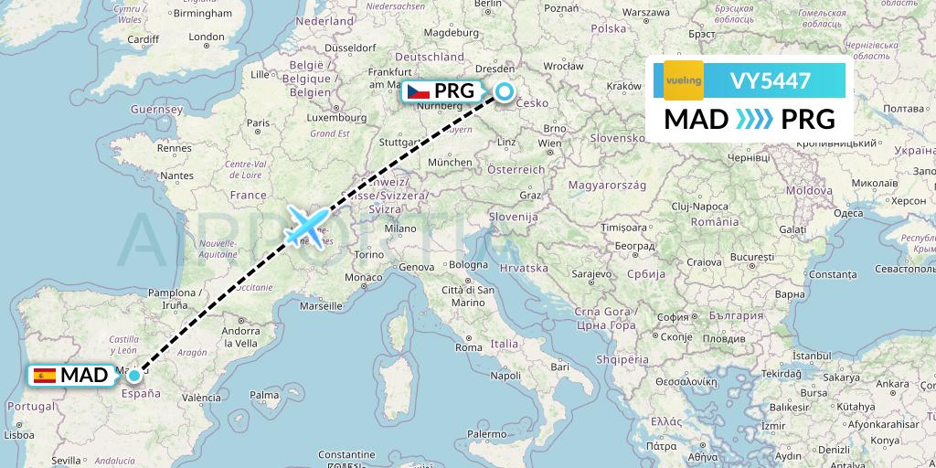 VY5447 Vueling Flight Map: Madrid to Prague