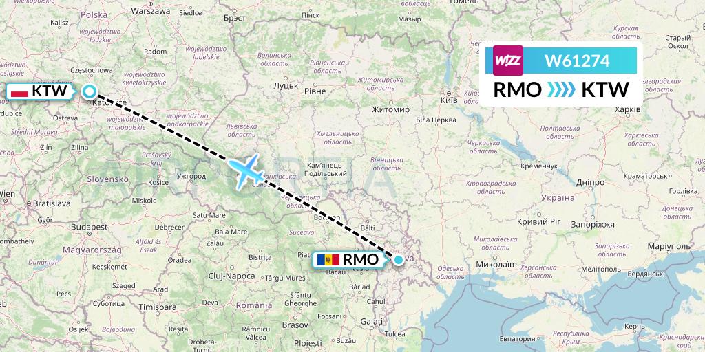 W61274 Wizz Air Flight Map: Chisinau to Katowice