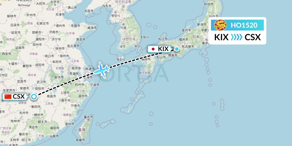 HO1520 Juneyao Airlines Flight Map: Osaka to Changsha