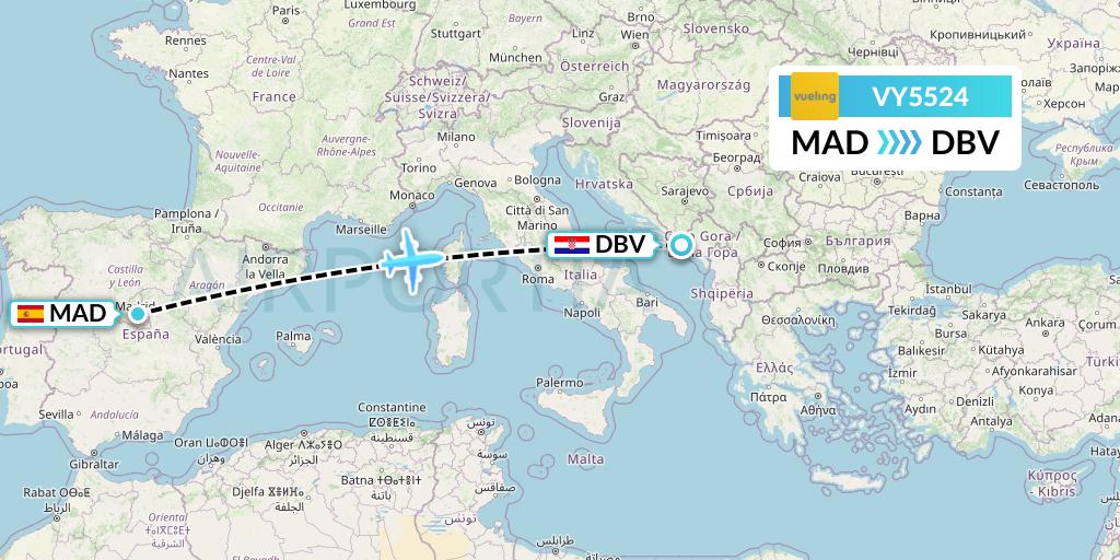 VY5524 Vueling Flight Map: Madrid to Dubrovnik