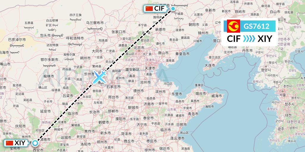 GS7612 Tianjin Airlines Flight Map: Chifeng to Xi'an