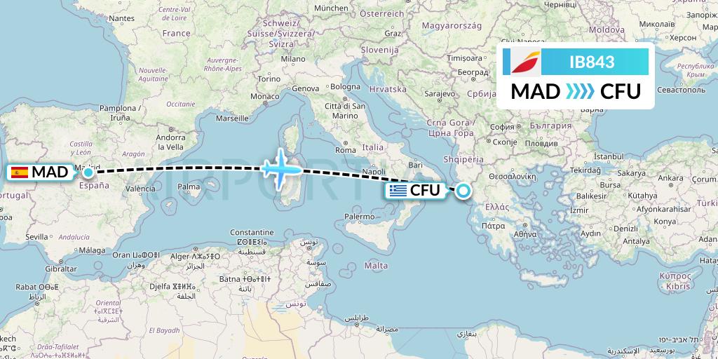IB843 Iberia Flight Map: Madrid to Corfu