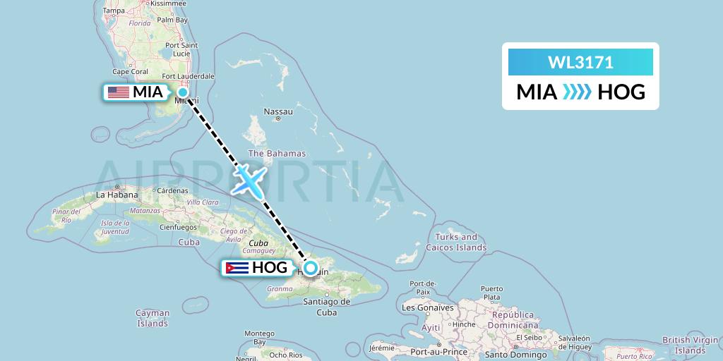 WL3171 World Atlantic Airlines Flight Map: Miami to Holguin