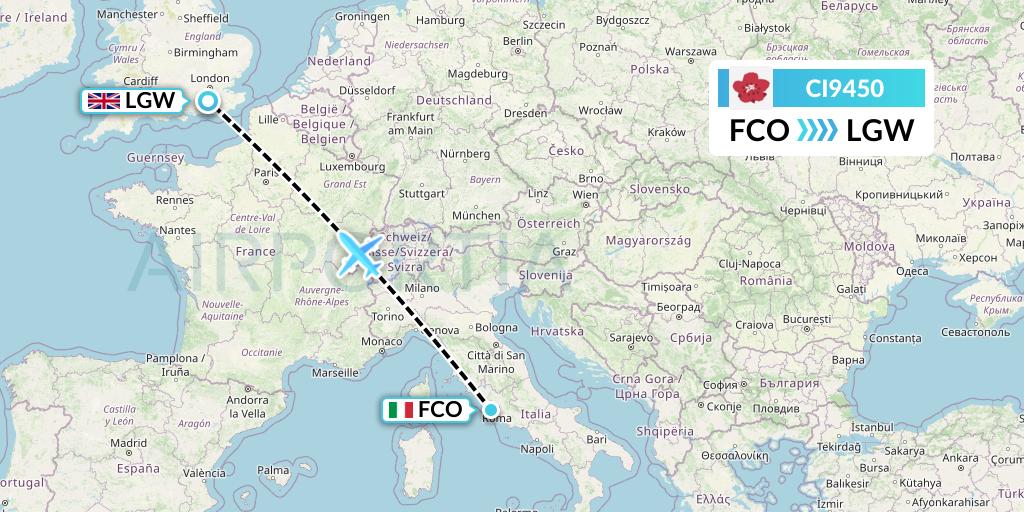 CI9450 China Airlines Flight Map: Rome to London