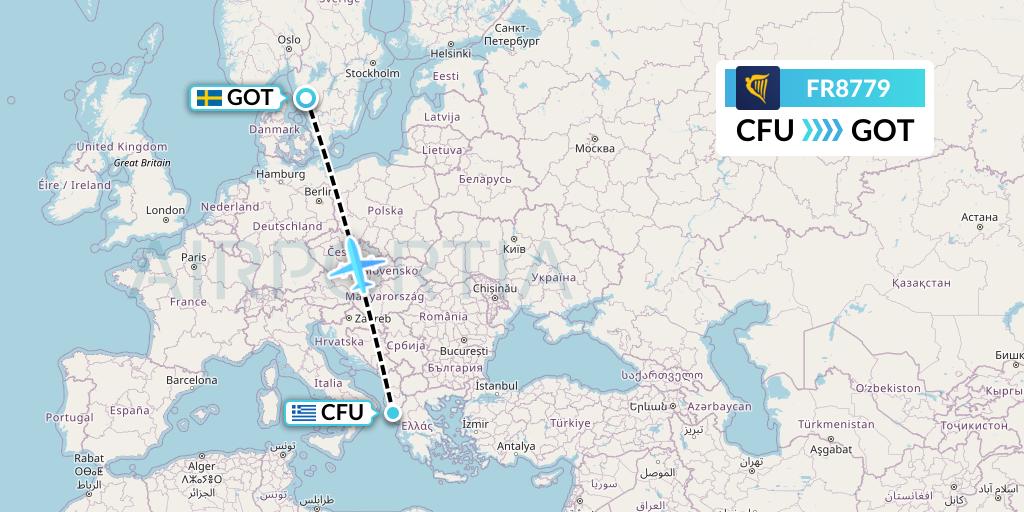 FR8779 Ryanair Flight Map: Corfu to Gothenburg