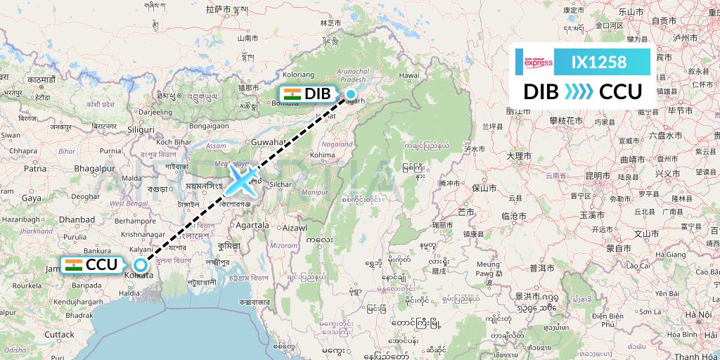 IX1258 Air India Express Flight Map: Dibrugarh to Kolkata