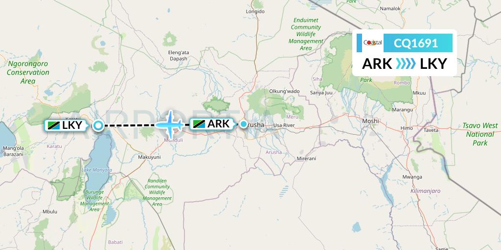 CQ1691 Coastal Aviation Flight Map: Arusha to Lake Manyara National Park
