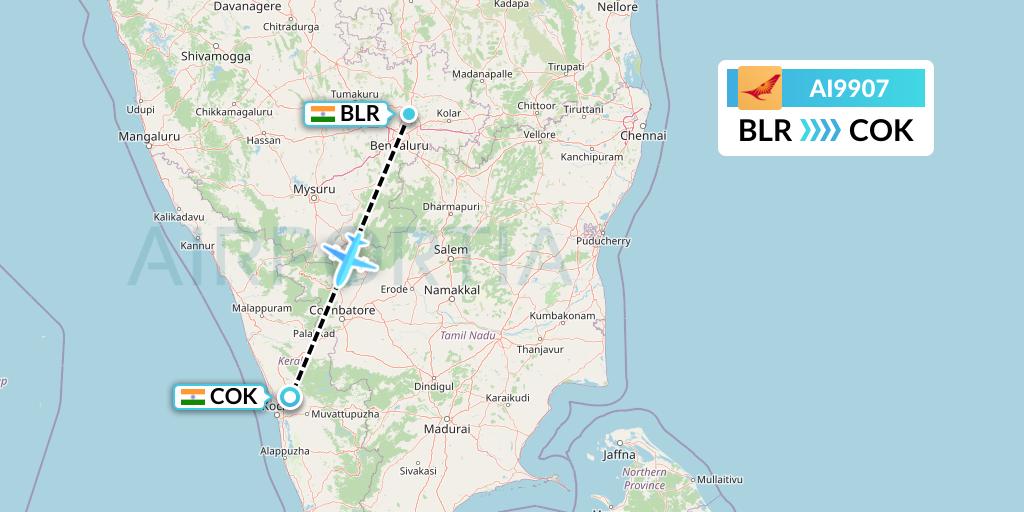 AI9907 Air India Flight Map: Bangalore to Cochin