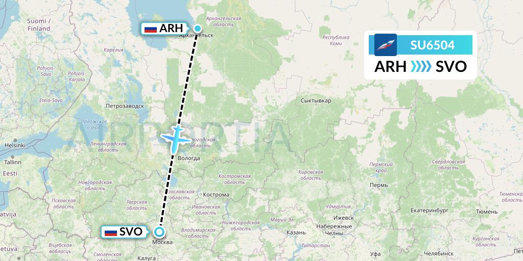 SU6504 Aeroflot Flight Map: Arkhangelsk to Moscow