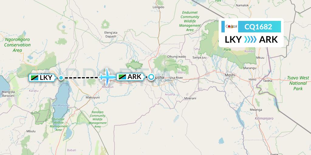 CQ1682 Coastal Aviation Flight Map: Lake Manyara National Park to Arusha