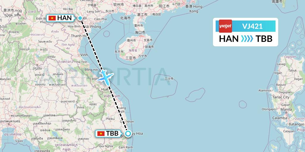 VJ421 VietJet Air Flight Map: Hanoi to Tuy Hoa