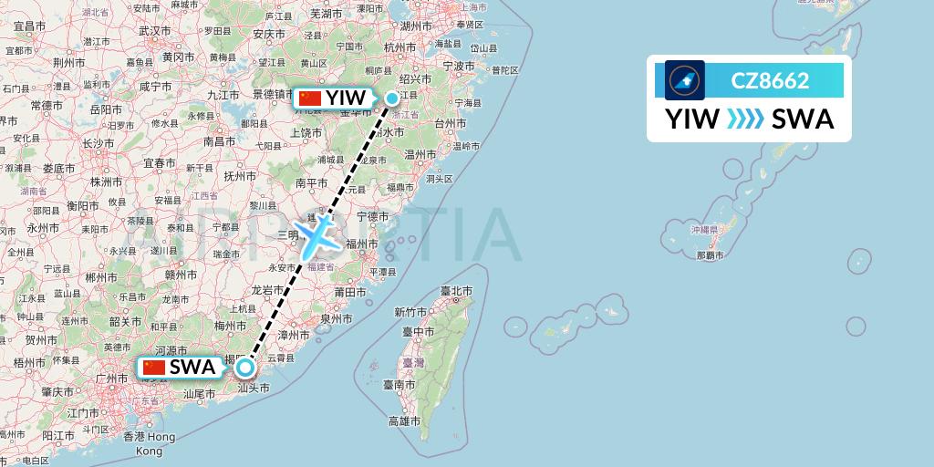 CZ8662 China Southern Airlines Flight Map: Yiwu to Jieyang
