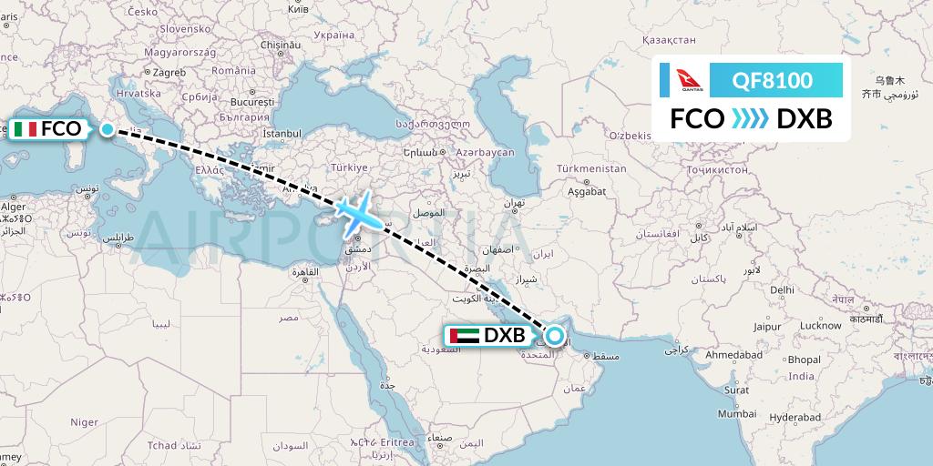QF8100 Qantas Flight Map: Rome to Dubai