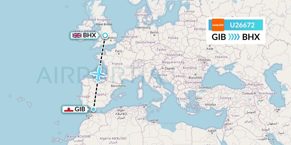 U26672 EasyJet Flight Map: Gibraltar to Birmingham