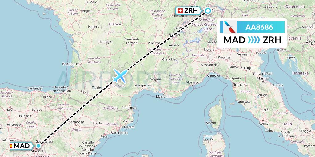 AA8686 American Airlines Flight Map: Madrid to Zurich
