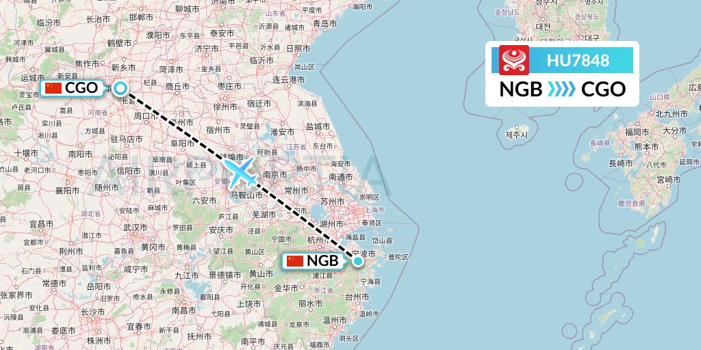 HU7848 Hainan Airlines Flight Map: Ningbo to Zhengzhou