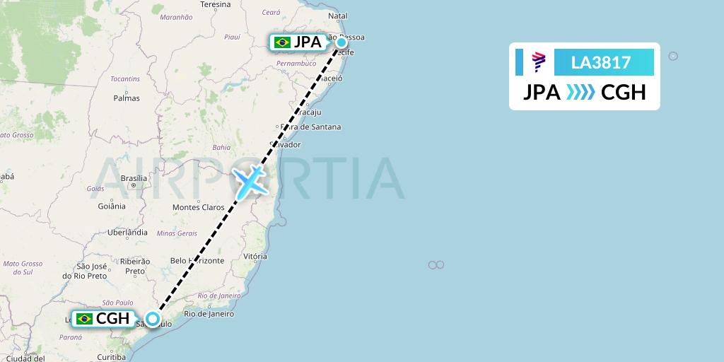 LA3817 LAN Airlines Flight Map: Joao Pessoa to Sao Paulo