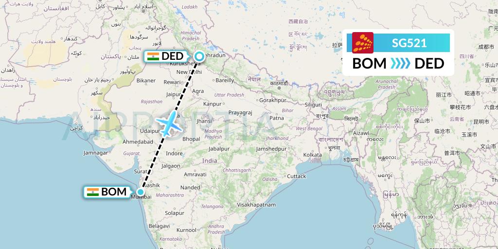 SG521 SpiceJet Flight Map: Mumbai to Dehradun