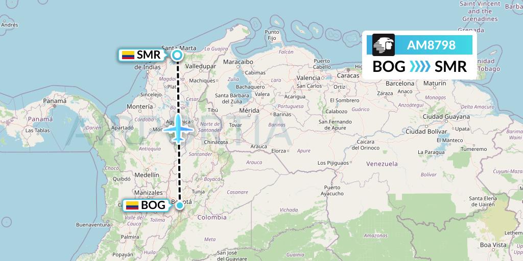AM8798 Aeromexico Flight Map: Bogota to Santa Marta