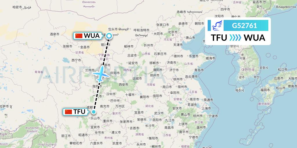 G52761 China Express Airlines Flight Map: Chengdu to Wuhai