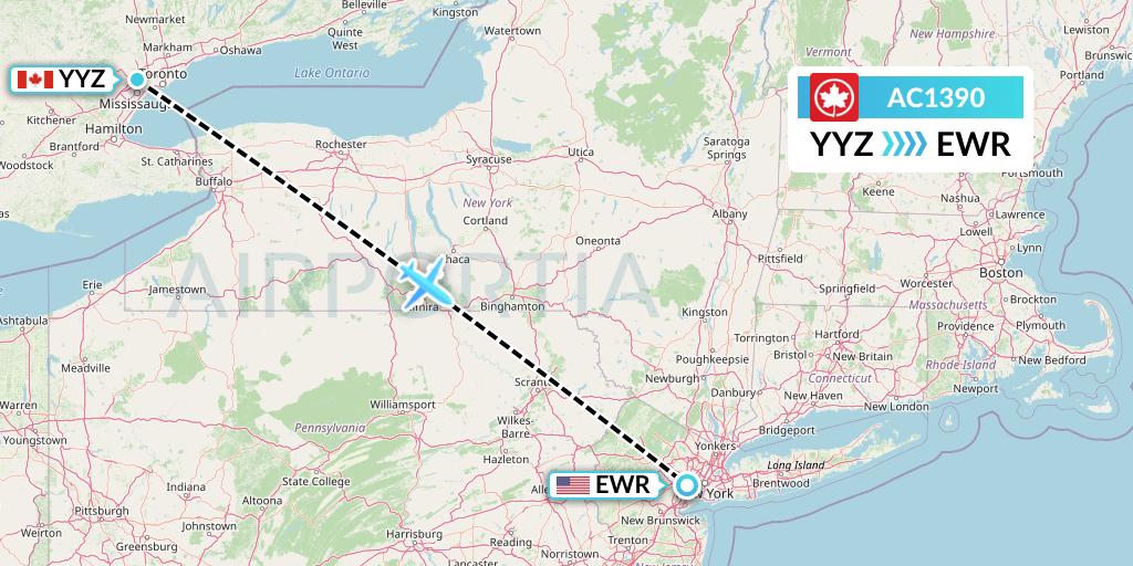 AC1390 Air Canada Flight Map: Toronto to New York